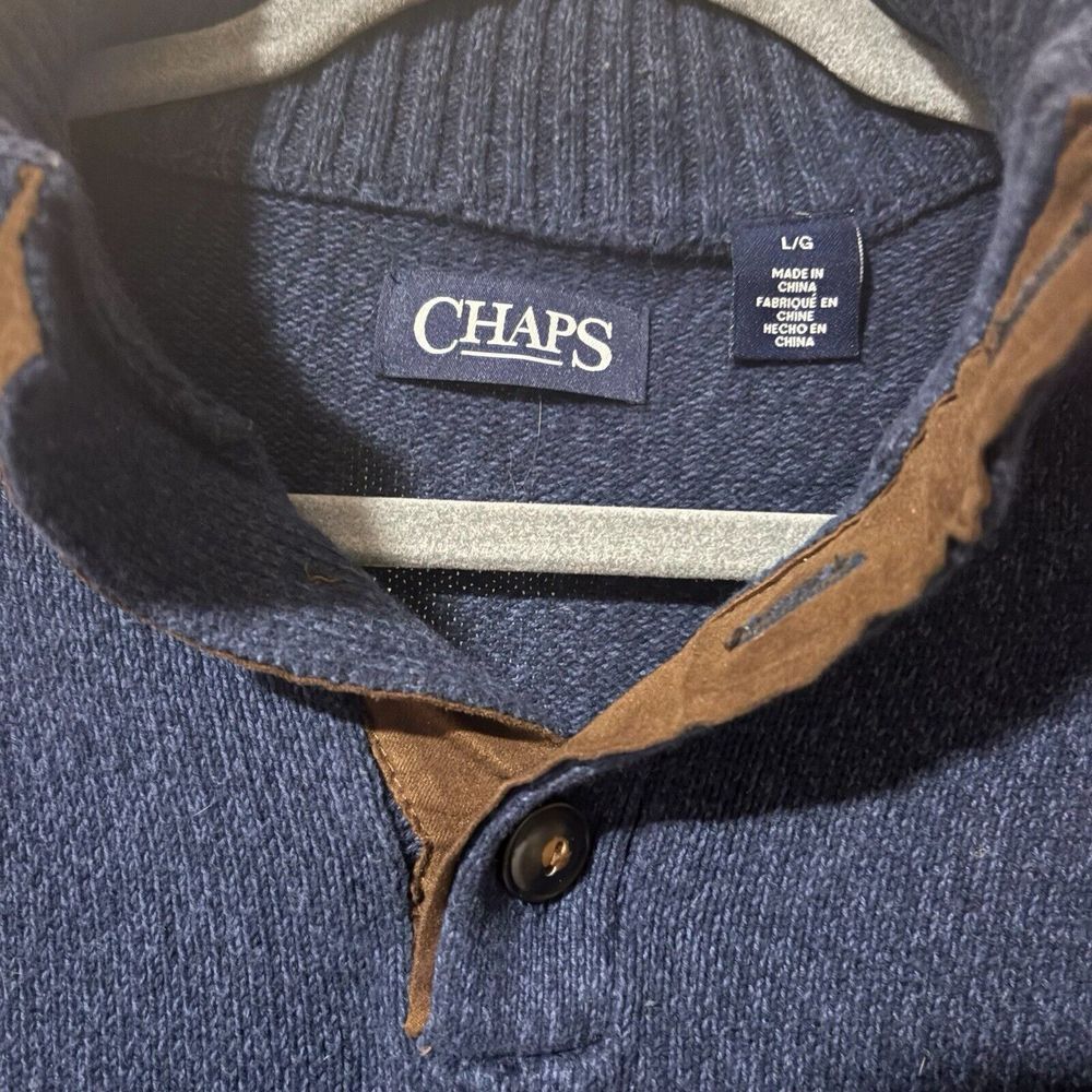 Chaps Pullover Sweater Long sleeve 1/4 Button Elbow Suede Patch Preppy Grandpa L - Picture 3 of 6